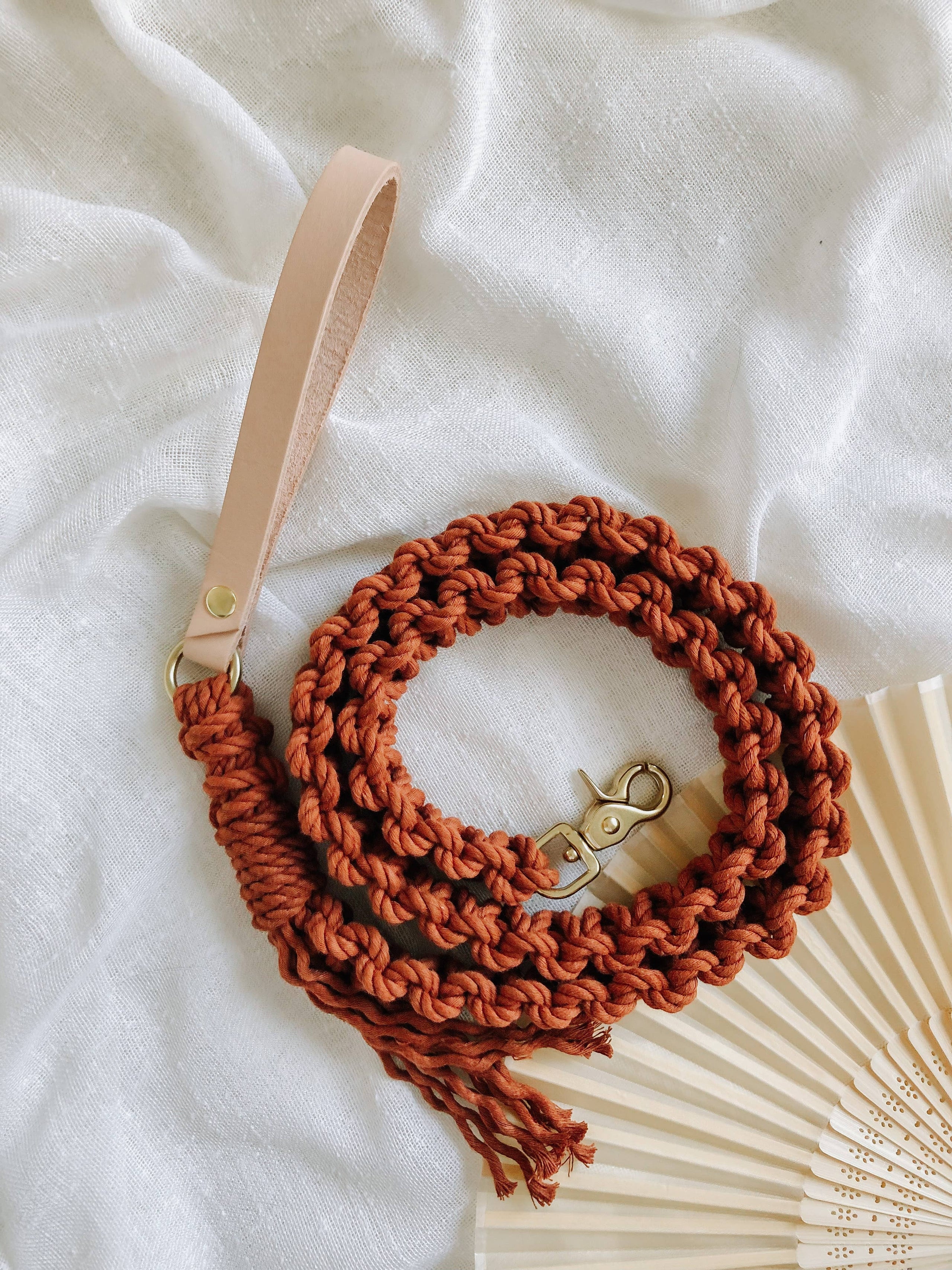 Macrame Dog Leash w Leather Handle Rust Rope